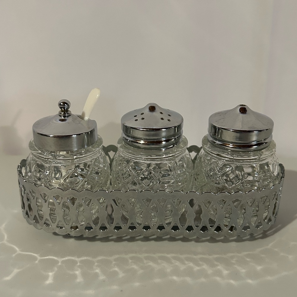 Vintage Glass Salt, Pepper and sugar or honey shakers/holder